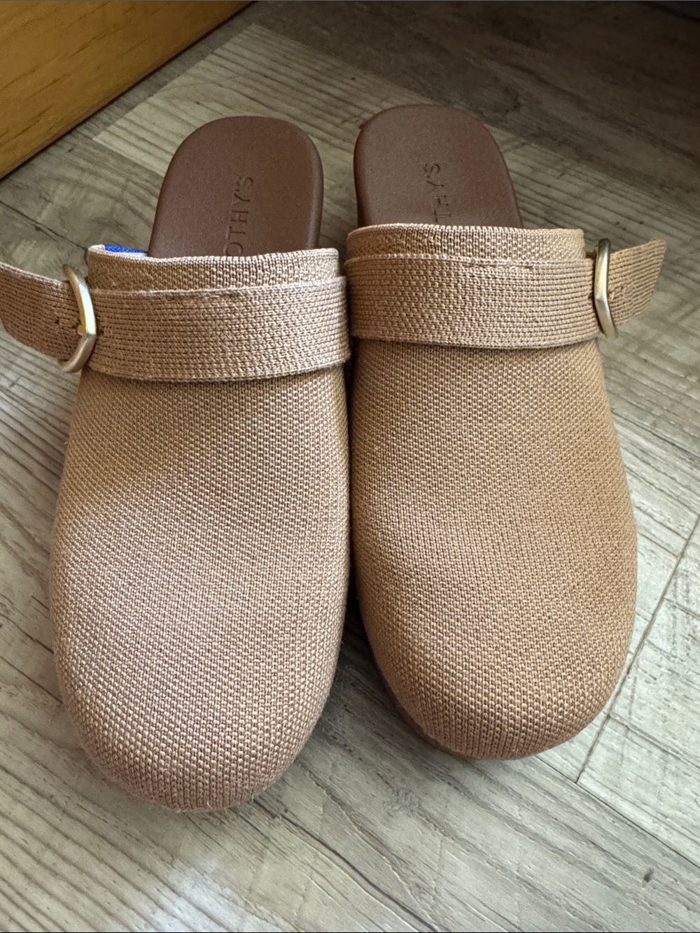 Rothy's Tan Canvas Slide Clogs with Gold Buckle